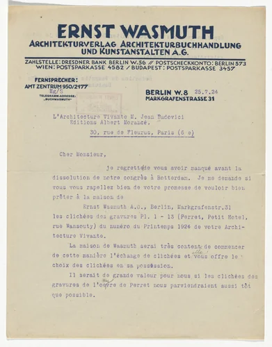 Ernst Wasmuth letterhead (Letter to Jean Badovici from Wasmuth) by Unidentified Designer, design, 1924