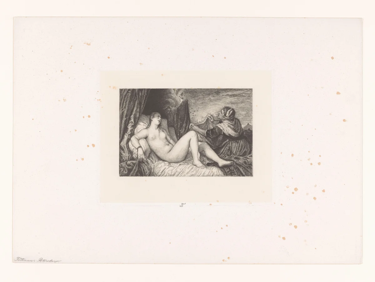 Zeus in de gedaante van een gouden regen bezoekt Danaë by Nikolay Semyonovich Mosolov, print, 1857-1914