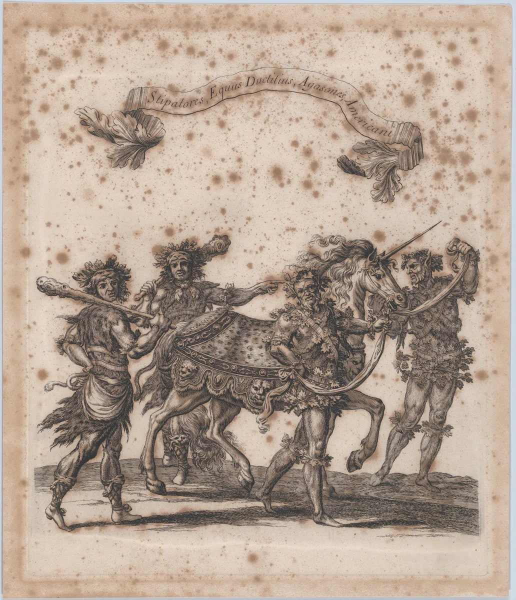 Stipatores, Equus Ductitius, Agasones, Americani, from "Courses de Testes et de Bagues Faittes par Roy et par les Princes et Signeurs de sa Cour, en l'annee 1662" (Grand Carrousel) by François Chauveau, print, 1662-1670