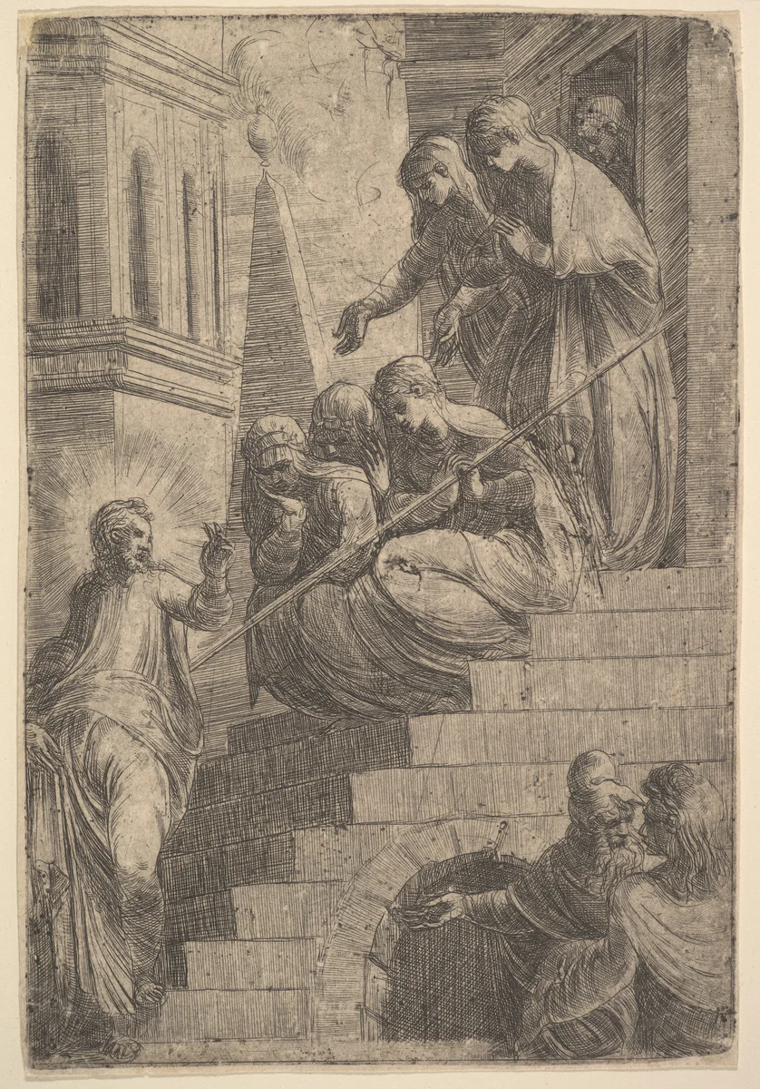 Christ addressing a group of women seated and standing on steps by Andrea Schiavone, print, 1536-1546