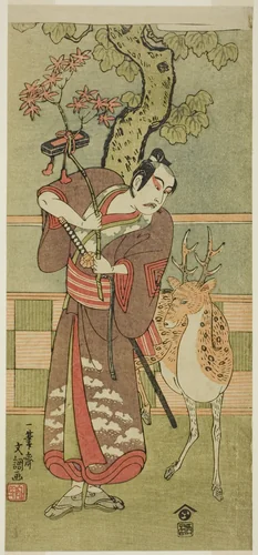 The Actor Ichikawa Yaozo II as Goi no Sho Munesada with a Deer, in the Play Kuni no Hana Ono no Itsumoji (Flower of Japan: Ono no Komachi's Five Characters), Performed at the Nakamura Theater from the First Day of the Eleventh Month, 1771 by Ippitsusai Buncho, print, 1766-1776