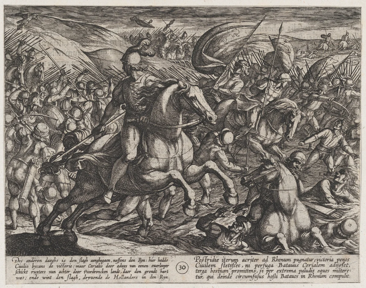 Plate 30: Cerialis Driving the Dutch into the Rhine, from The War of the Romans Against the Batavians (Romanorvm et Batavorvm societas) by Antonio Tempesta, print, 1611-1612