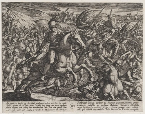 Plate 30: Cerialis Driving the Dutch into the Rhine, from The War of the Romans Against the Batavians (Romanorvm et Batavorvm societas) by Antonio Tempesta, print, 1611-1612
