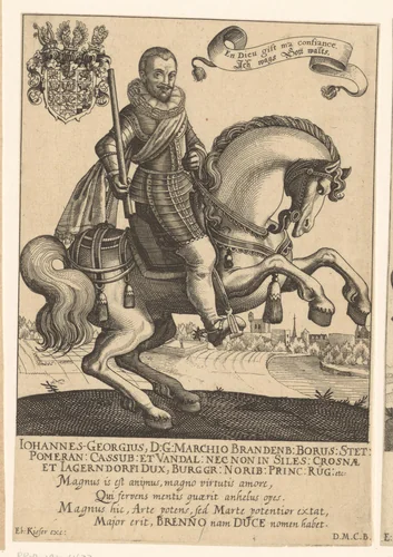 Portret van Johann George van Brandenburg te paard by Eberhard Kieser, print, 1593-1625
