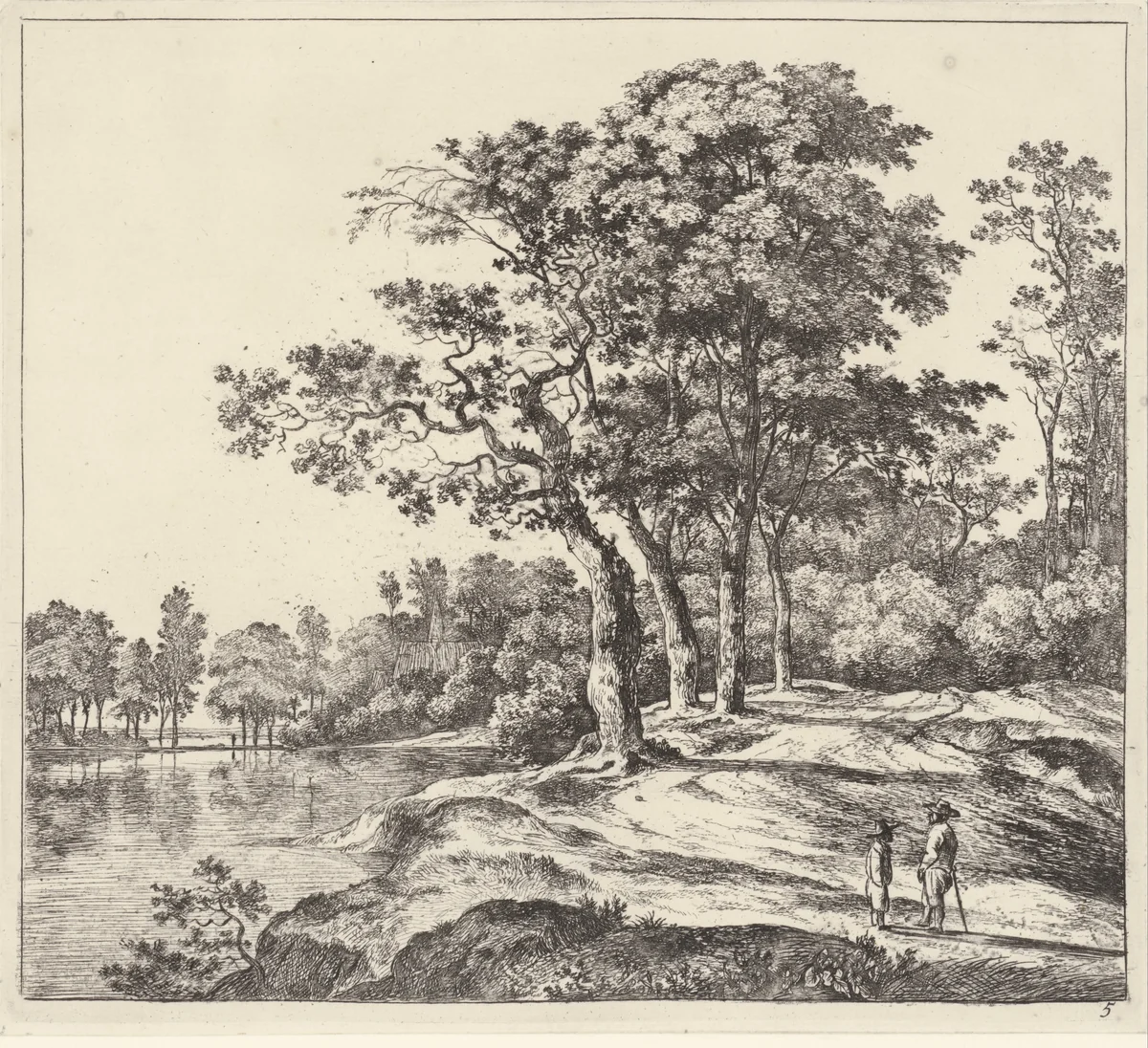 Landschap met een groep van vier bomen by Jan Hackaert, print, 1640-1699