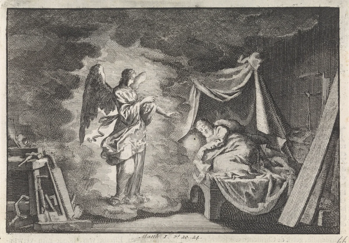 Engel verschijnt aan Jozef in zijn timmerwerkplaats by Jan Luyken, print, 1703-1762