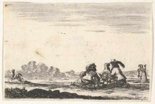 Plate 7: Two noblemen seated in center, seen from behind, conversing with a noblewoman seated between them, a noblewoman and man seated to left in background and standing to right in background, from "Various Figures" (Agréable diversité de figures) by Stefano della Bella, print, 1642