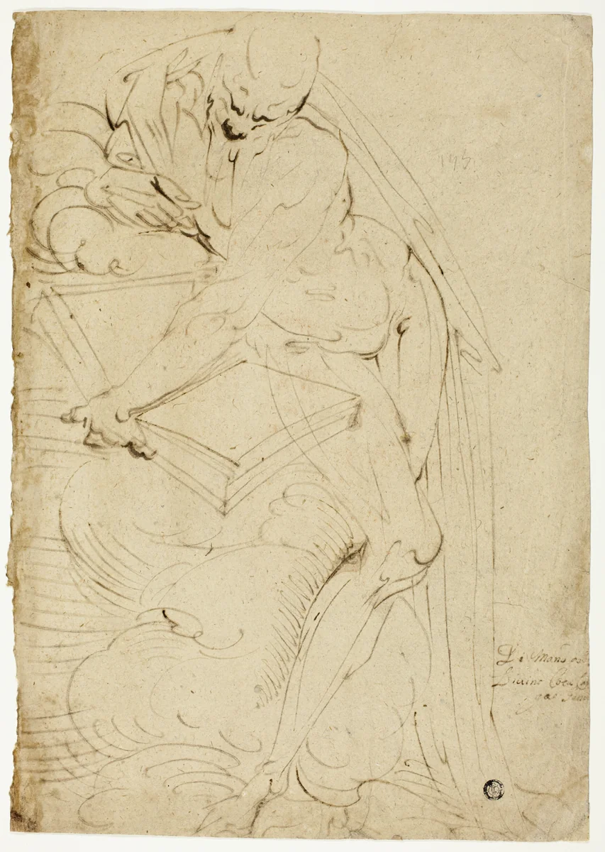 Standing Male Nude (Saint Jerome?) with Book by Luca Cambiaso, drawing, 1550-1559