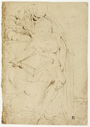 Standing Male Nude (Saint Jerome?) with Book by Luca Cambiaso, drawing, 1550-1559
