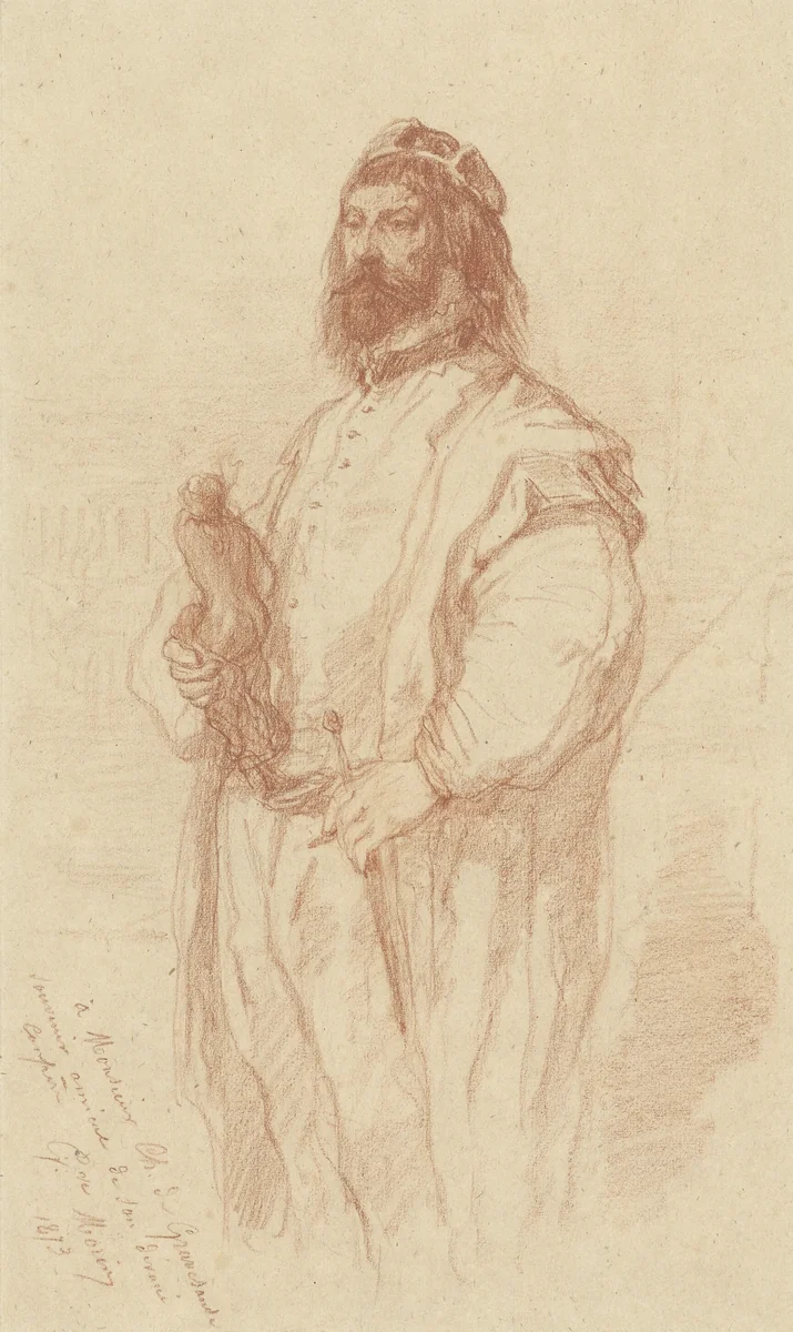 Staande man met beeldje by Gustave François Morin, drawing, 1873