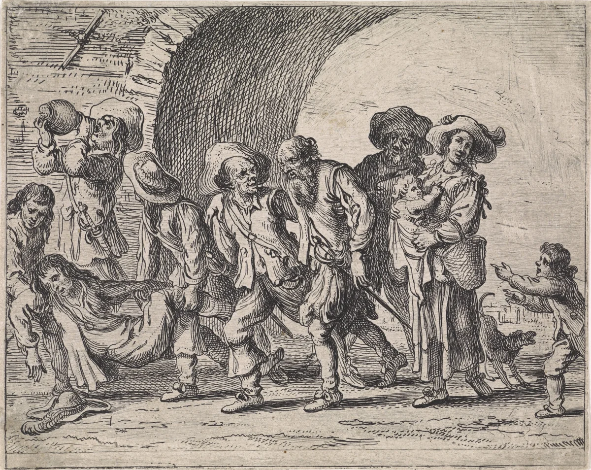 Dronken gezelschap bij stadspoort by Cornelis de Wael, print, 1630-1648