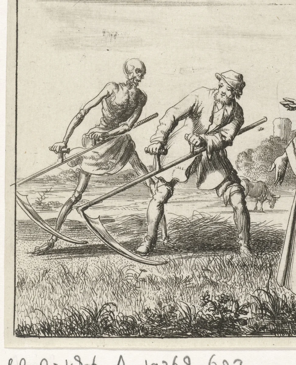 Vrouw aanschouwt een maaier achter wie de Dood met een zeis staat by Jan Luyken, print, 1687