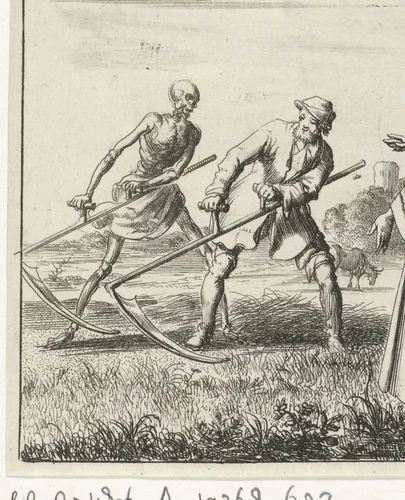 Vrouw aanschouwt een maaier achter wie de Dood met een zeis staat by Jan Luyken, print, 1687