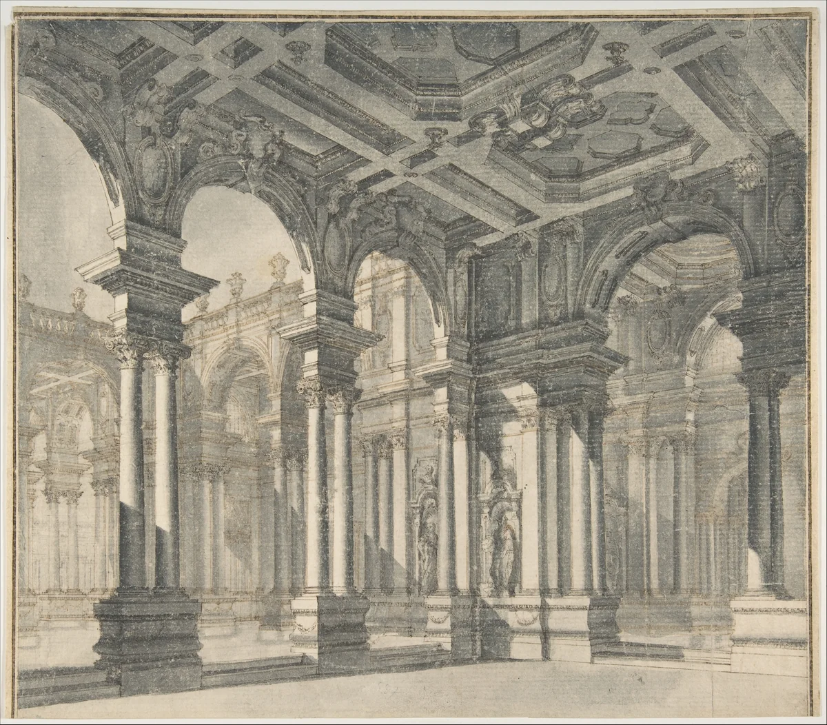 Design for a Stage Set with a Monumental Arcaded Courtyard by Giuseppe Galli Bibiena, drawing, 1710-1756