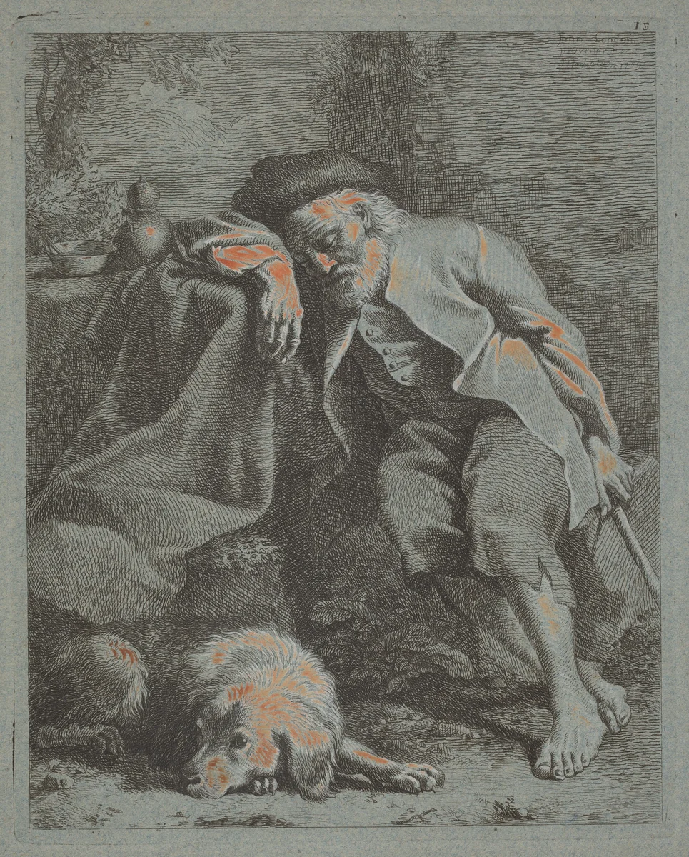 Sleeping Old Man with Dog by Francesco Londonio, print, 1759