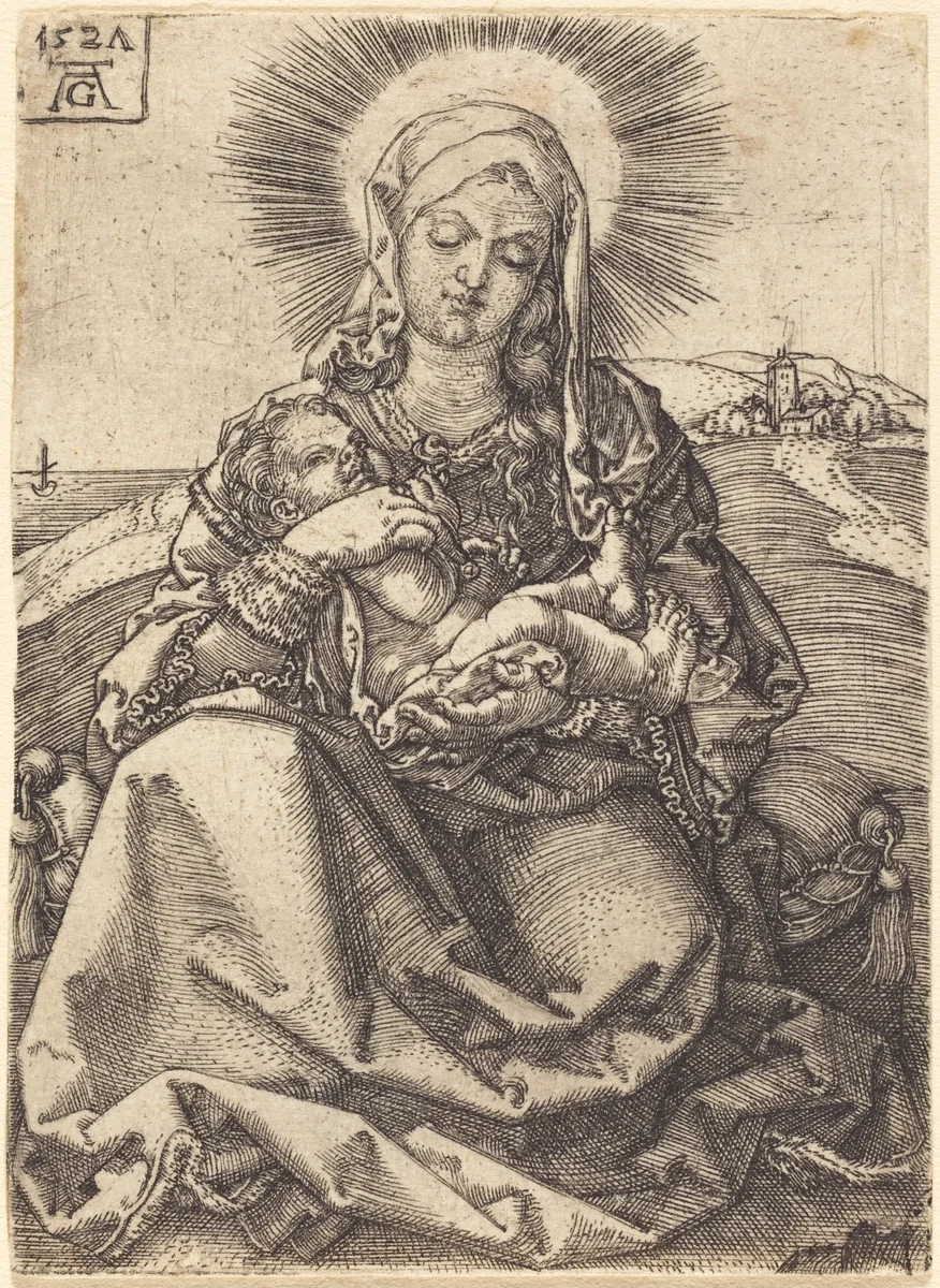 Madonna in a Landscape Sitting on a Cushion by Heinrich Aldegrever, print, 1527