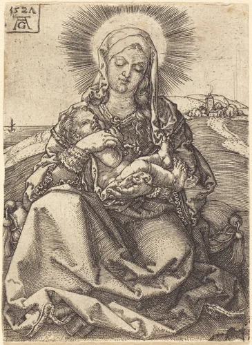 Madonna in a Landscape Sitting on a Cushion by Heinrich Aldegrever, print, 1527