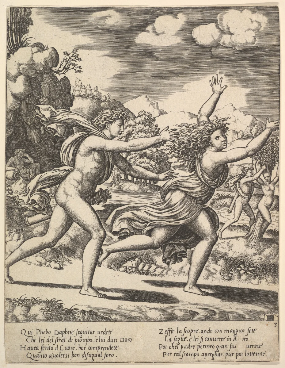 Apollo chasing Daphne who throws her arms up, in the background at right shows the moment she turns in a laurel, from "Story of Apollo and Daphne" by Master of the Die, print, 1530-1560