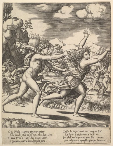 Apollo chasing Daphne who throws her arms up, in the background at right shows the moment she turns in a laurel, from "Story of Apollo and Daphne" by Master of the Die, print, 1530-1560