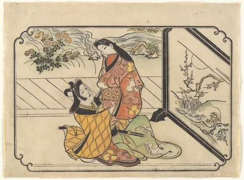Courtesan with a Young Man (Wakashu) beside a Screen by Hishikawa Moronobu (菱川師宣), print, 1679-1684