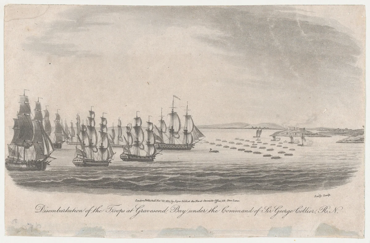 Disembarkation of the Troops at Gravesend Bay under the Command of General Collier, R.N. (August 22, 1776) by John Baily, print, 1814