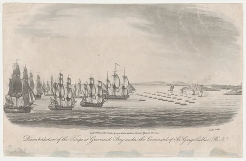 Disembarkation of the Troops at Gravesend Bay under the Command of General Collier, R.N. (August 22, 1776) by John Baily, print, 1814