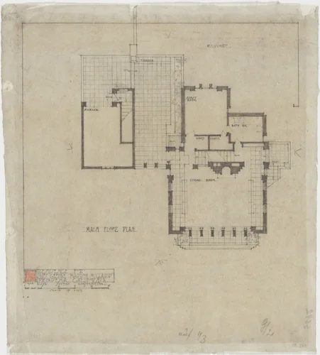 La Miniatura, Mrs. George Madison Millard House, Pasadena, California, Plan of main floor by Frank Lloyd Wright, architecture, 1923