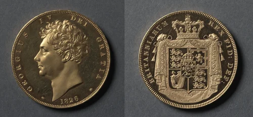 Five Pound Piece: George IV (obverse); Shield of Arms (reverse) by Jean Baptiste Merlen, metalwork, 1826