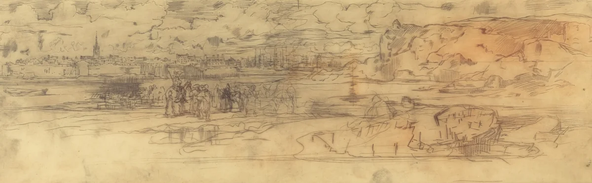 Estuary with a Fortified Seaport at Left and Cliffs at Right by Félix-Hilaire Buhot, print, 1882