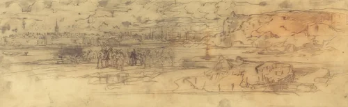 Estuary with a Fortified Seaport at Left and Cliffs at Right by Félix-Hilaire Buhot, print, 1882