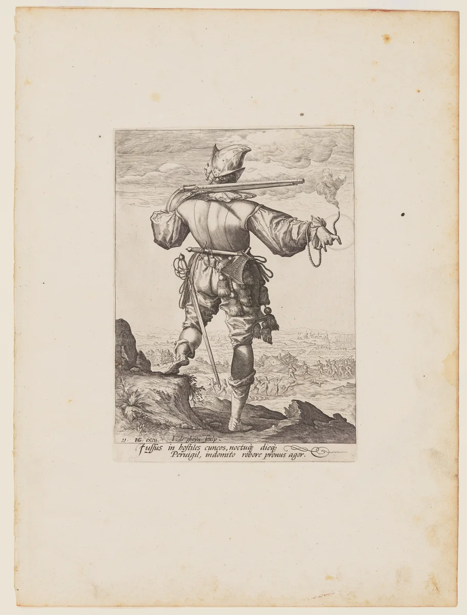 Helmetted Musketeer, from Officers and Soldiers of the Bodyguard of Emperor Rudolph II by Jacques de Gheyn II, print, 1587