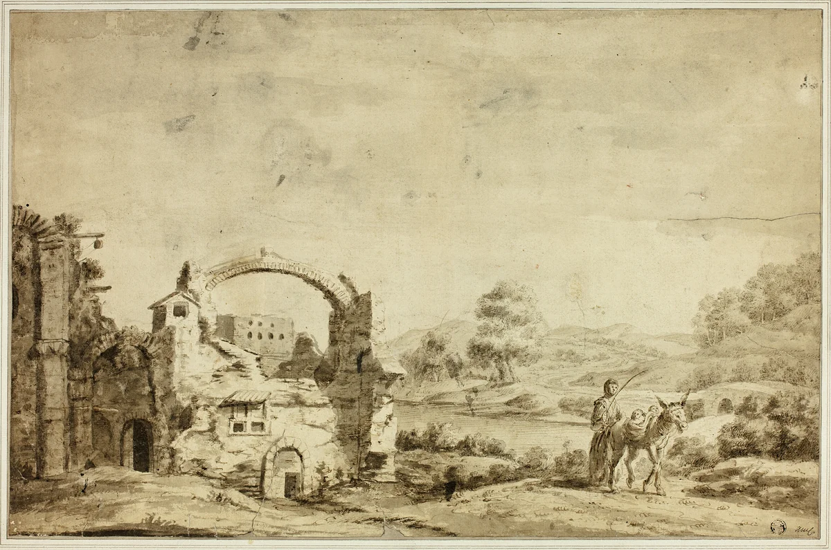 Italianate Landscape with Ruins, Woman and Donkey by Jan Both, drawing, 1640-1652