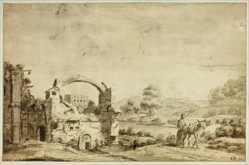 Italianate Landscape with Ruins, Woman and Donkey by Jan Both, drawing, 1640-1652