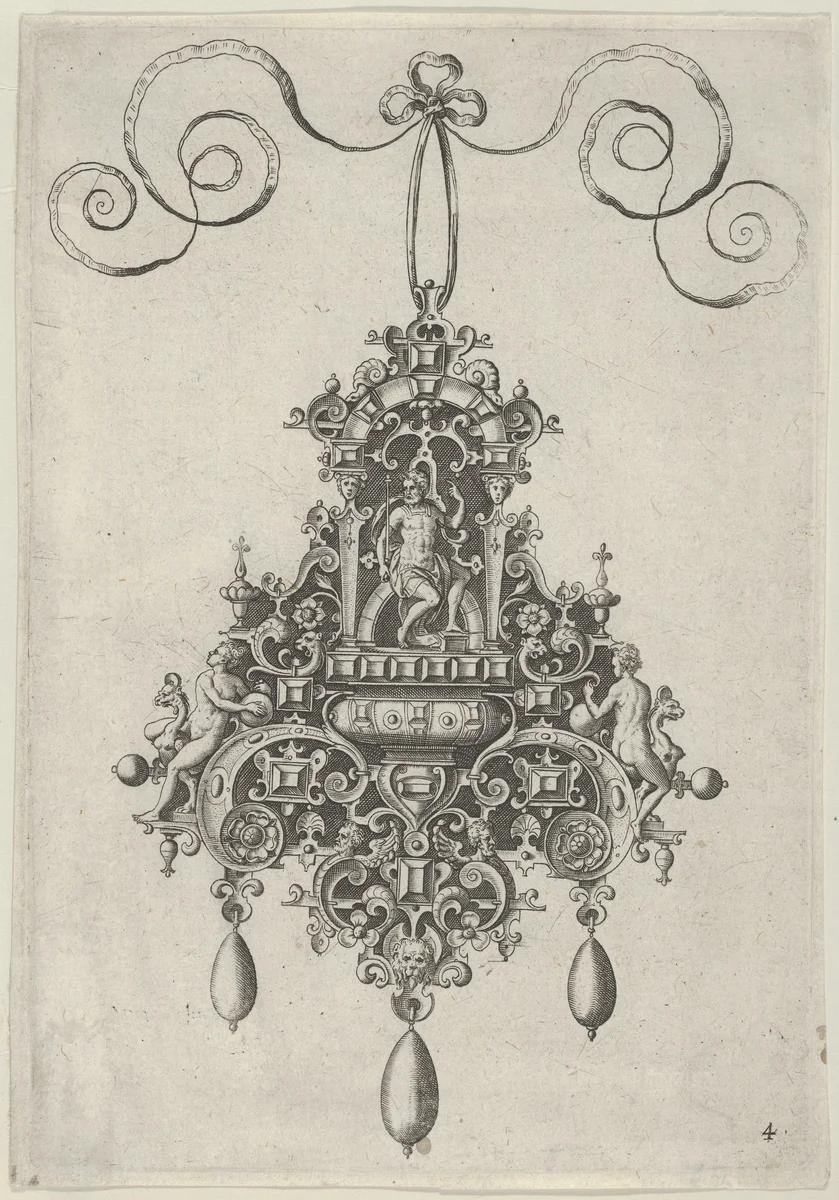 Pendant Design with Mars Seated Beneath an Arch by Jan Collaert, print, 1581-1636