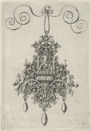 Pendant Design with Mars Seated Beneath an Arch by Jan Collaert, print, 1581-1636