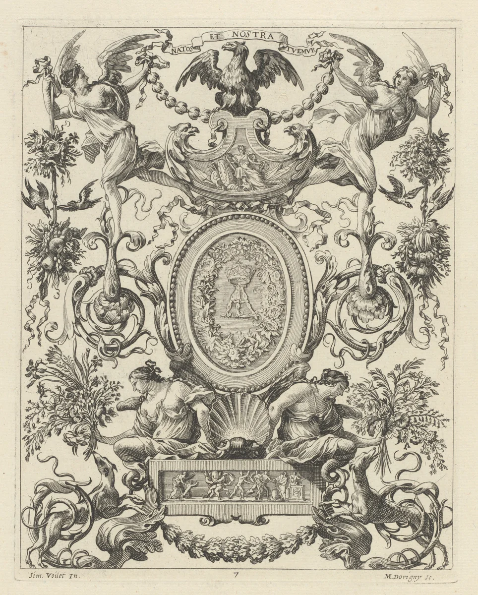 Ornamental Panel Surmounted by an Eagle and the Motto NATOS ET NOSTRA TUEMUR by Michel Dorigny; Simon Vouet, print, 1647