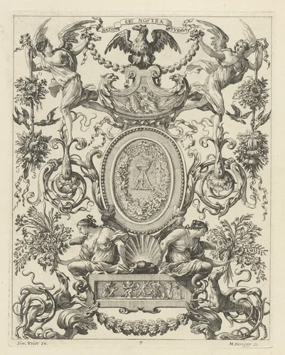 Ornamental Panel Surmounted by an Eagle and the Motto NATOS ET NOSTRA TUEMUR by Michel Dorigny; Simon Vouet, print, 1647