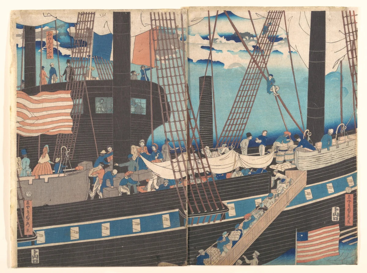 “Yokohama Trade: Westerners Loading Cargo” by Utagawa Sadahide, print, 1861
