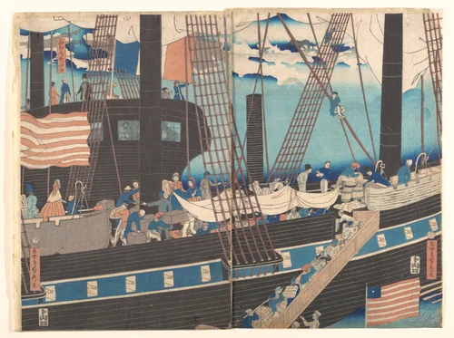 “Yokohama Trade: Westerners Loading Cargo” by Utagawa Sadahide, print, 1861
