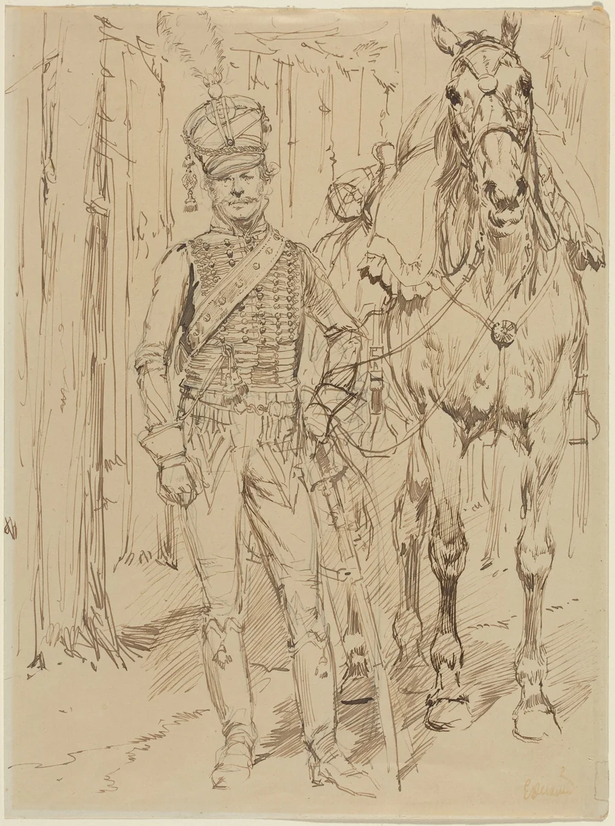 A French Hussar Leading a Horse by Jean Baptiste Edouard Detaille, drawing, 1800-1900