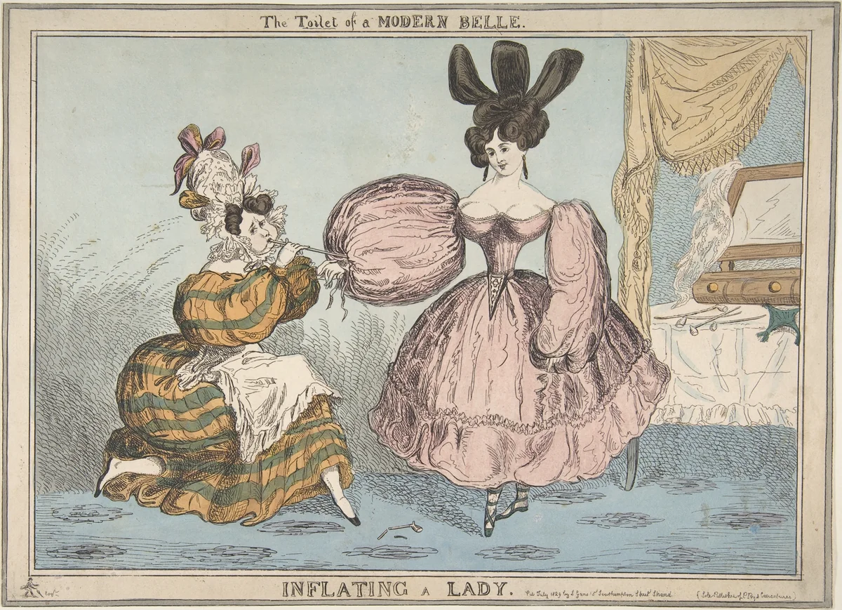 The Toilet of a Modern Belle: Inflating a Lady by William Heath, print, 1829