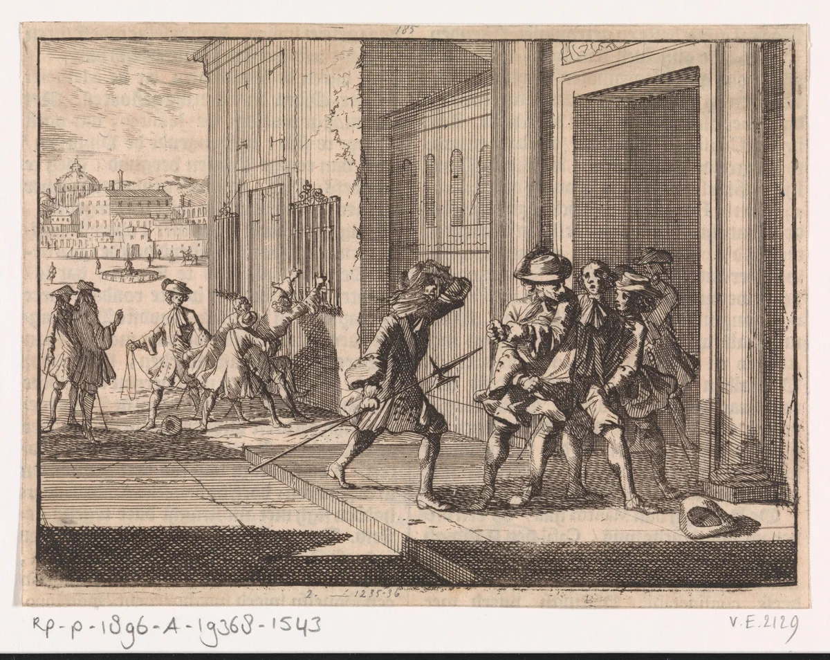 Brandewijnverkoper te Rome wordt door twee gerechtsdienaars gegrepen na het verlaten van de kerk Regina Coeli, 1687 by Jan Luyken, print, 1698