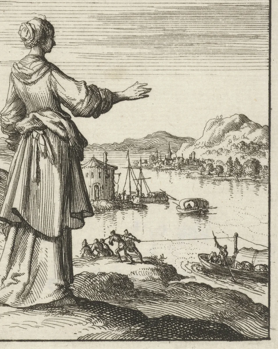Vrouw uitkijkend over een baai waar een schip door een groep mannen wordt voortgetrokken by Jan Luyken, print, 1687
