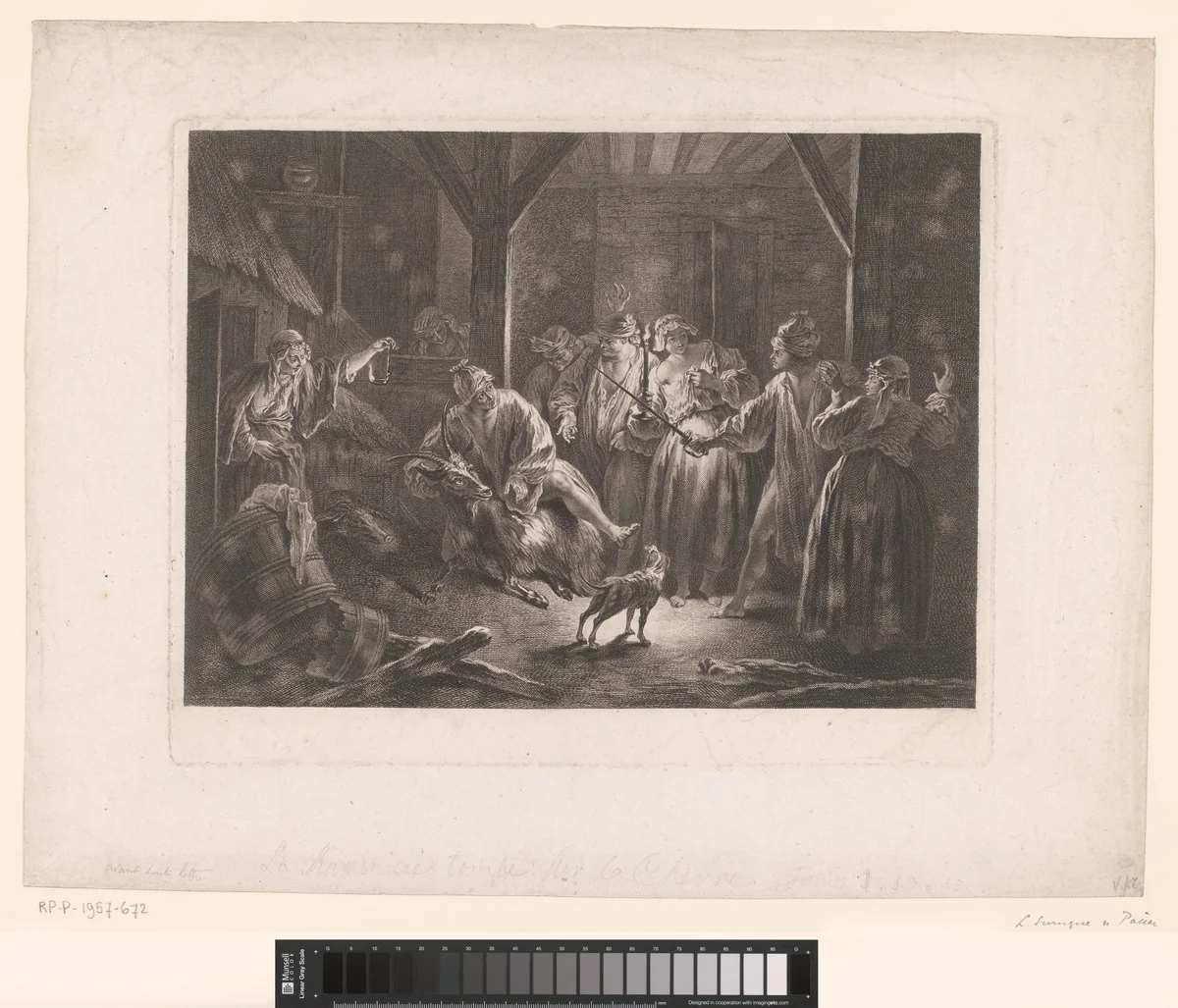 Man valt bovenop een geit by Louis Surugue, print, 1730