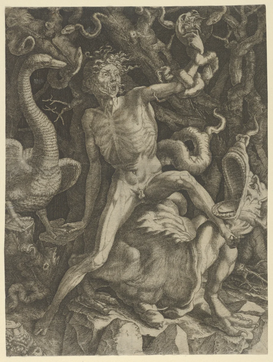 Fury personified as an emaciated man astride a monster, holding a skull in his raised left hand by Giovanni Jacopo Caraglio, print, 1520-1539