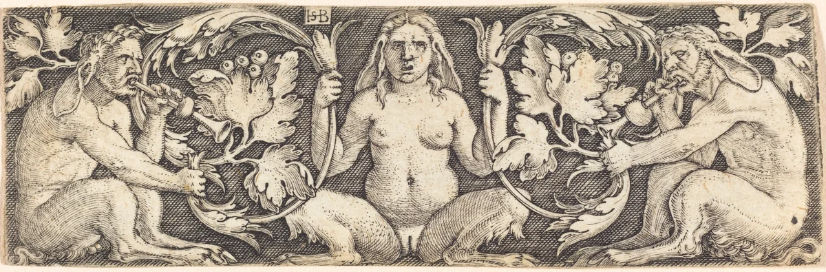 Ornament with Three Satyrs by Sebald Beham, print, 1540-1545