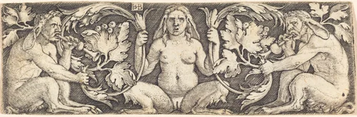 Ornament with Three Satyrs by Sebald Beham, print, 1540-1545