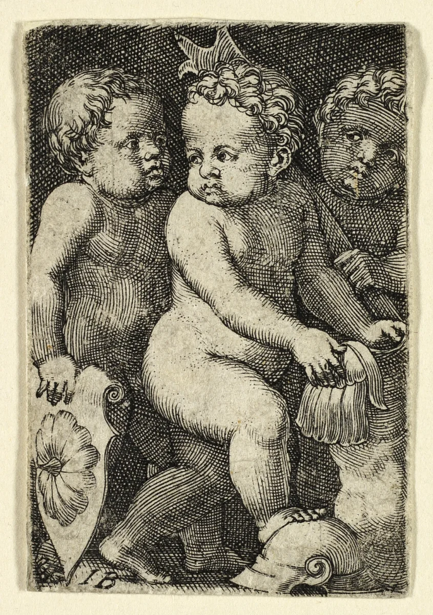 Three Putti with Armor by Master I.B., print, 1523-1530