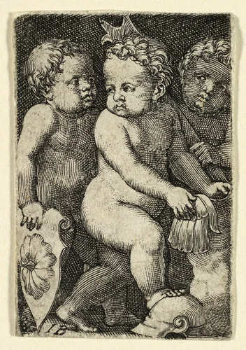 Three Putti with Armor by Master I.B., print, 1523-1530