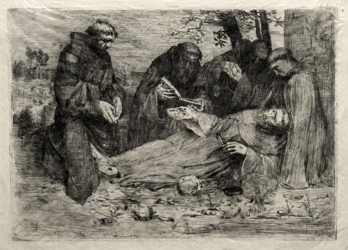 The Death of St. Francis by Alphonse Legros, print, 1857-1911